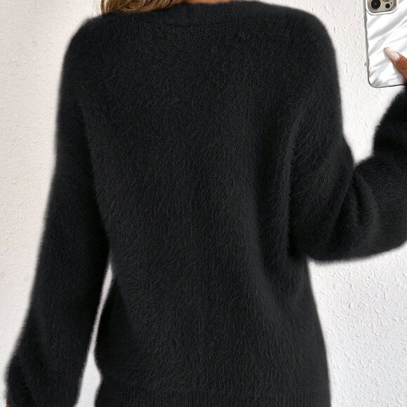 Black Casual Women's Long Sleeve V-Neck Cardigan - Picture 2 of 7